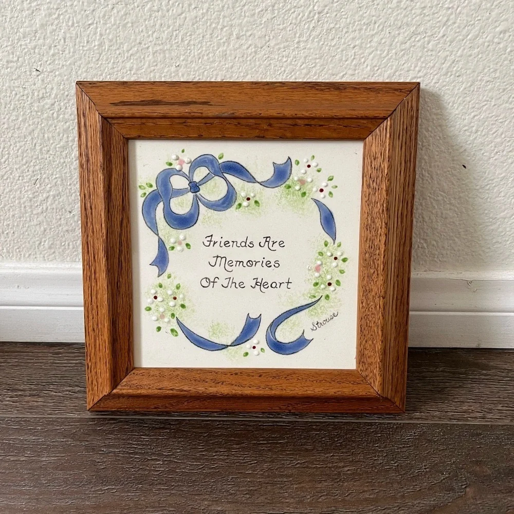 Wooden Framed Ceramic Wall Art with Blue Accents 9/9 Inch